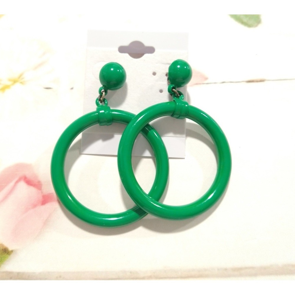Vintage Circle Earrings Kelly Green Hoop Dangle Statement Pierced 80s EC2